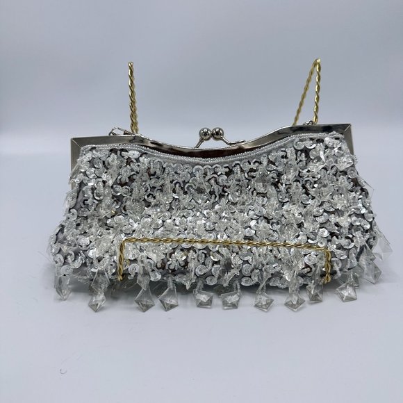 Silver Beaded Sequins Kiss Lock Formal Evening Bag - Picture 4 of 10